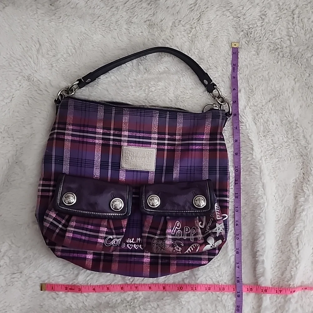 Coach Poppy Purple Tartan Metallic Shoulder Bag Purse - Picture 16 of 16